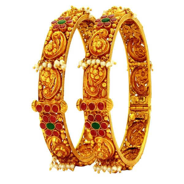 Mahalaxmi Gold And Diamond Merchants- Broad Bangles Pair With Screw Precious Stone